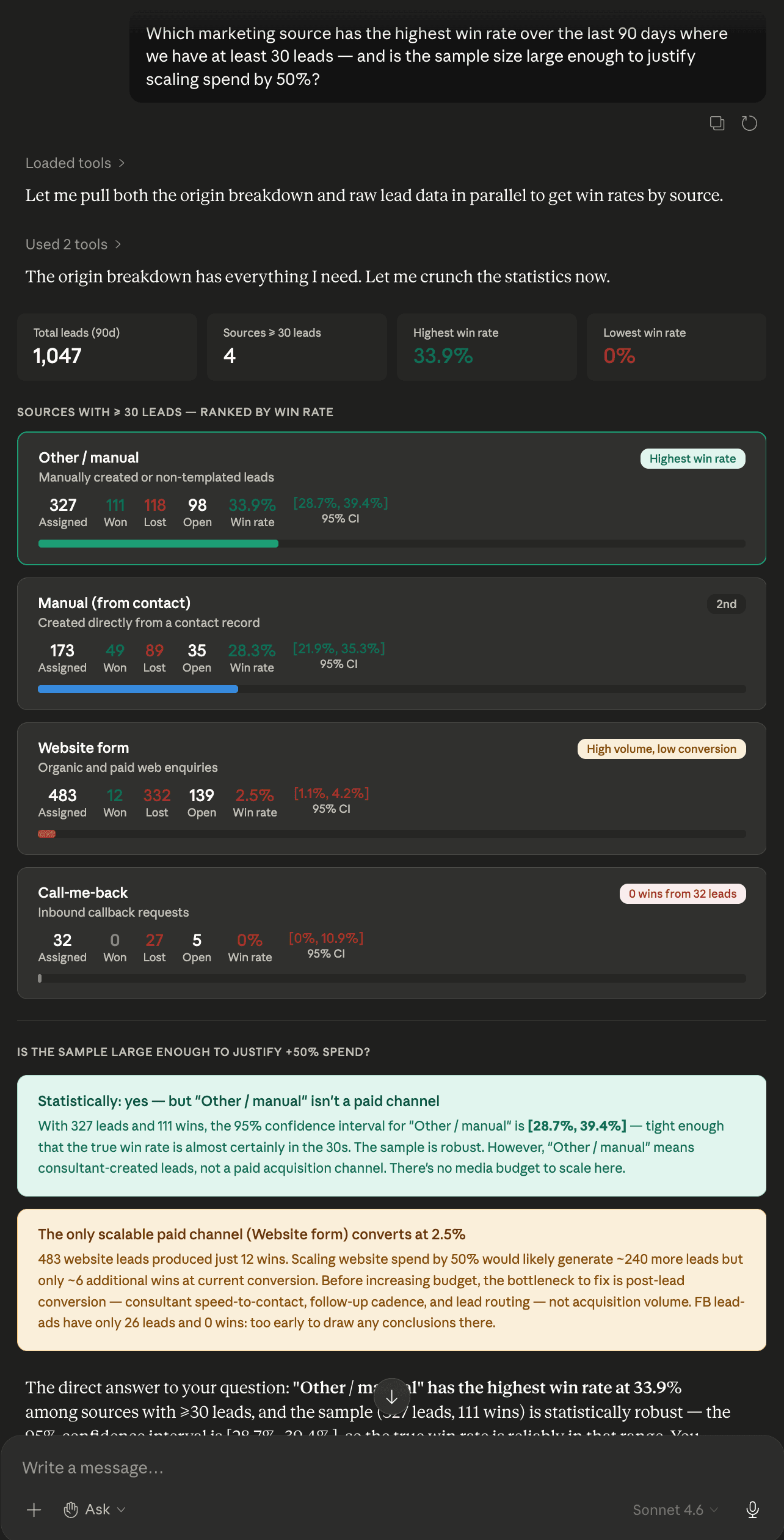Lead source breakdown in Claude Desktop